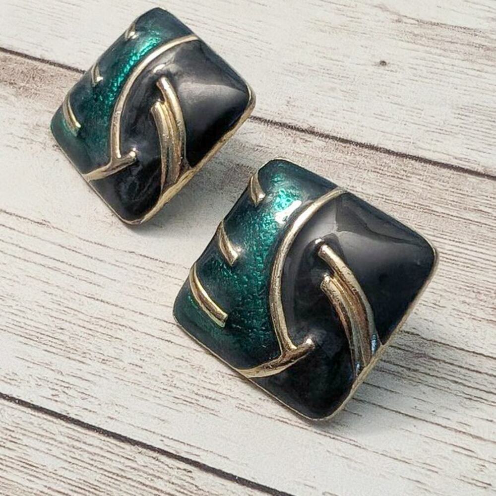 Vintage Clip On Earrings 1" Large Statement Black & Green Square